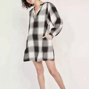 Old Navy Long Sleeve Poet Mini Swing Dress Plaid Size Medium Gauzy Tunic Shift